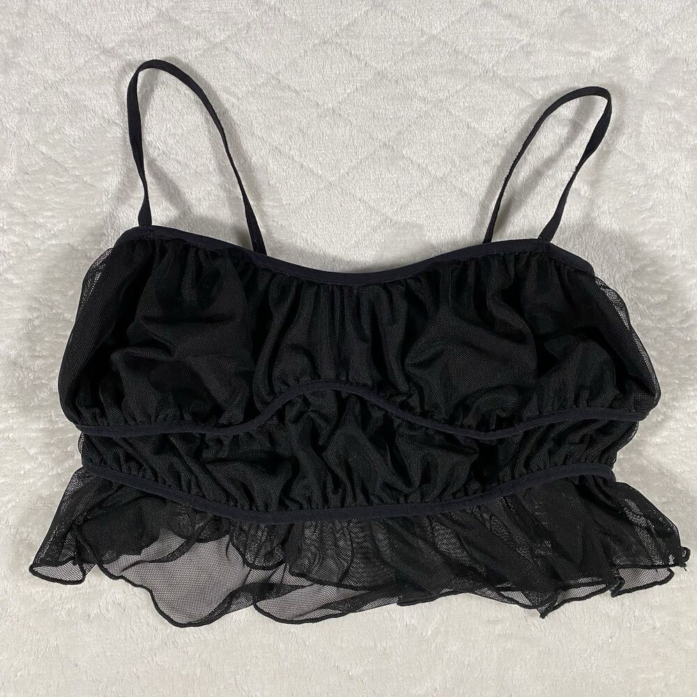 Women's M Black Crop Top Cami Sheer Mesh Strappy Festival Coquette Whimsigoth